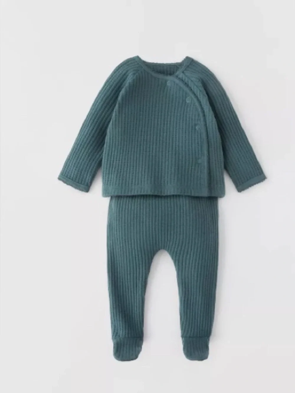 Zara New 6/9m Baby Textured Weave Suit Blue 2 Piece Footed Side Kimono Wrap